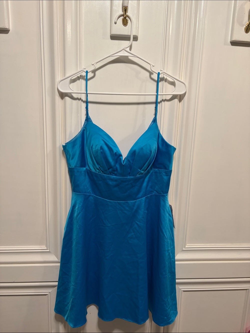 B Darlin Bright Teal Satin Spaghetti Strap Mini Dress